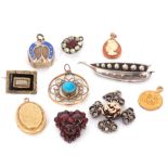 Mixed Lot: Victorian mourning brooch, an engraved gold back and front oval locket, an enamel