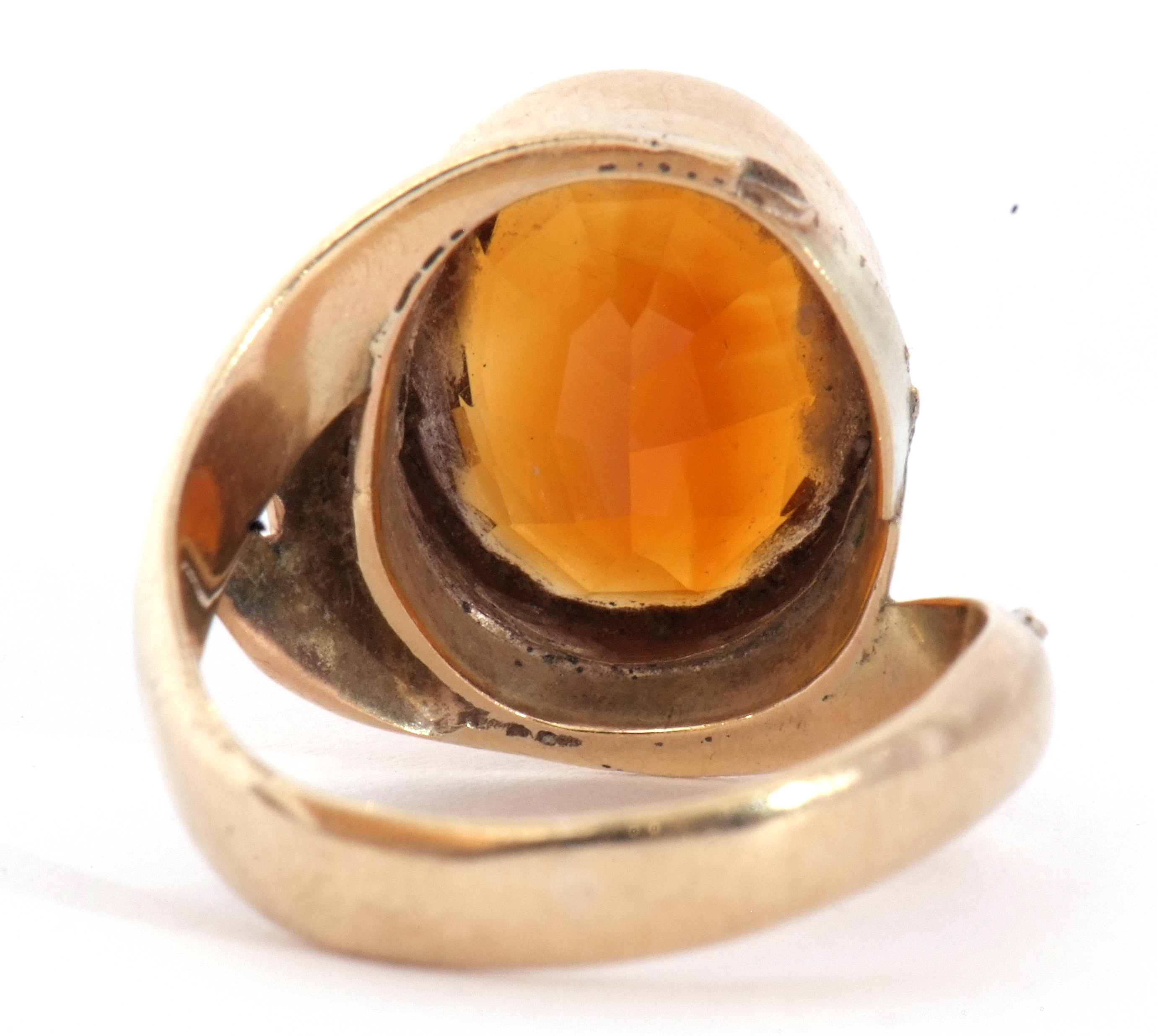 9ct stamped cognac citrine dress ring, the oval faceted citrine in a rub-over setting raised between - Image 4 of 9