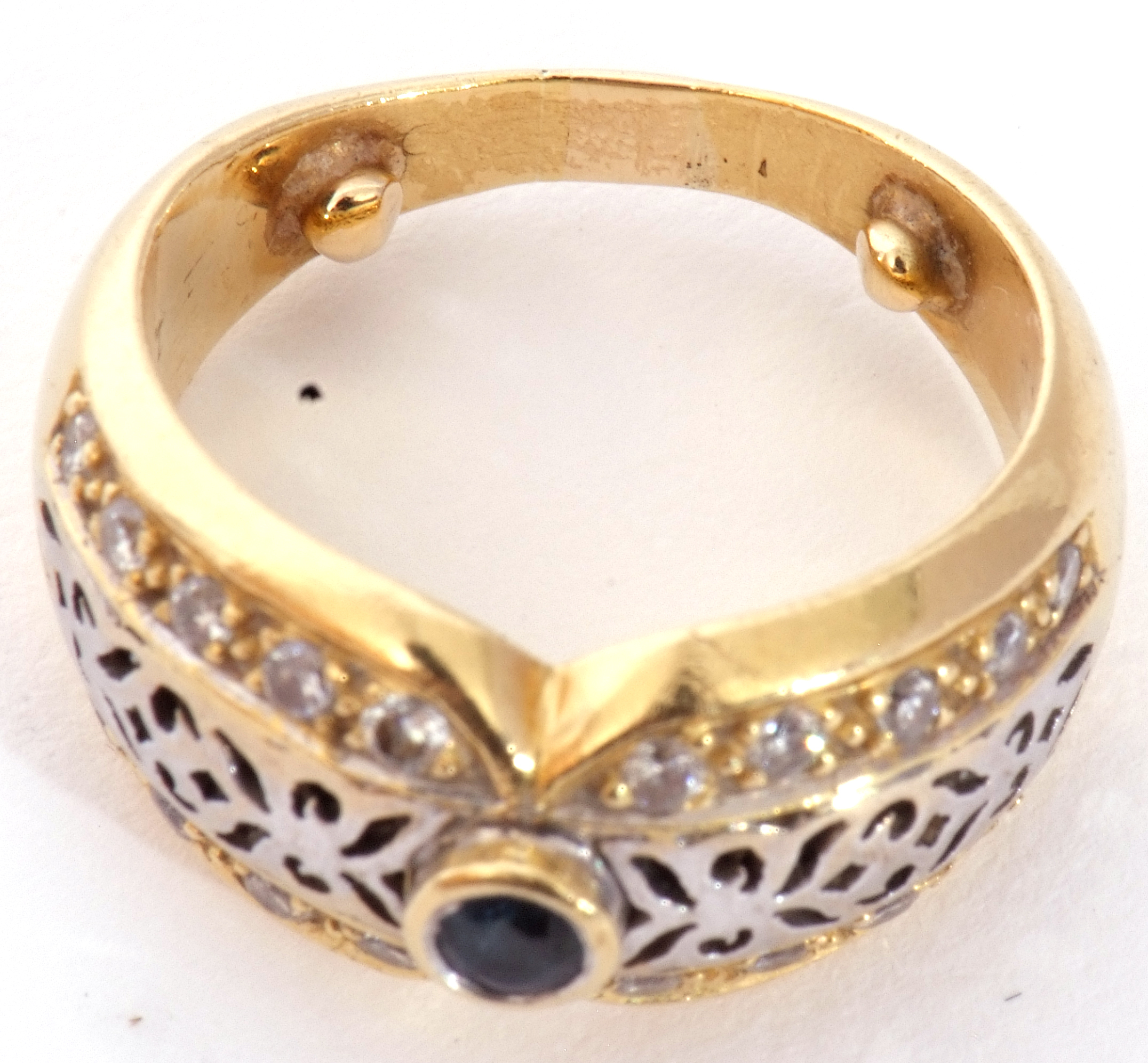 Two-tone yellow metal filigree fronted design ring, centring a small sapphire and highlighted with - Image 7 of 8