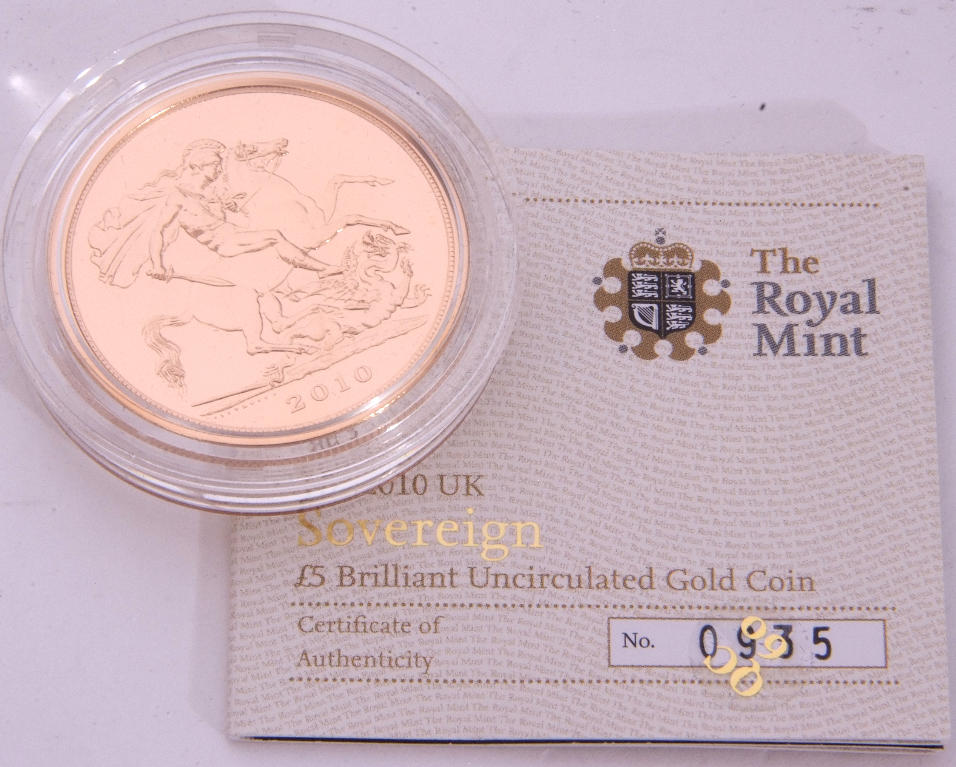 Elizabeth II gold brilliant uncirculated £5 coin 2010, presentation limited edition no. 935/1000 - Image 2 of 3