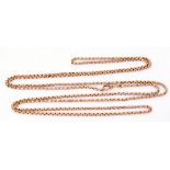 9ct gold long belcher link guard chain, 76cm long fastened, 33gms