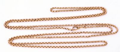 9ct gold long belcher link guard chain, 76cm long fastened, 33gms