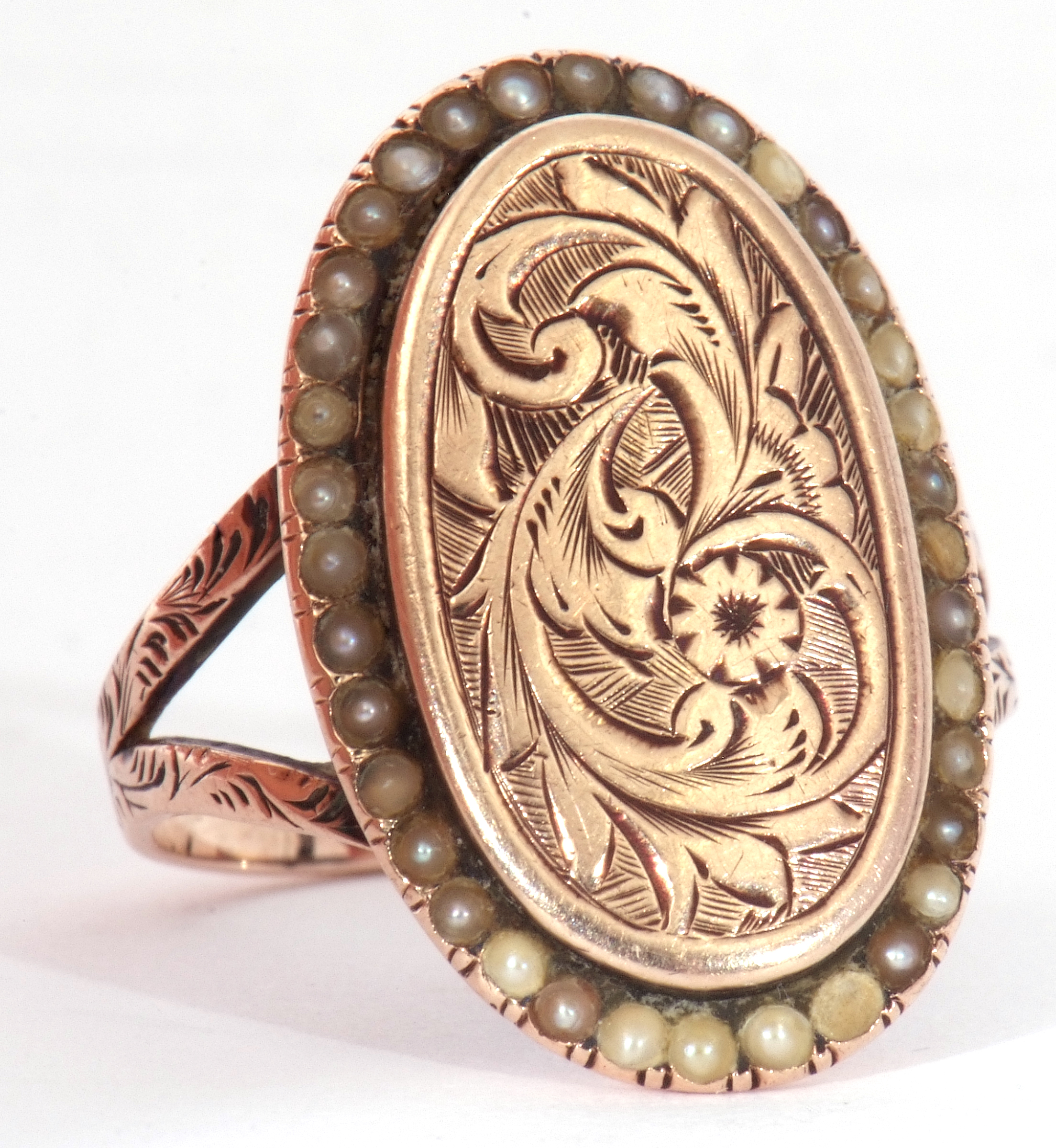 Antique yellow metal and pearl set ring, the oval panel engraved and chased with flowers and - Image 7 of 8