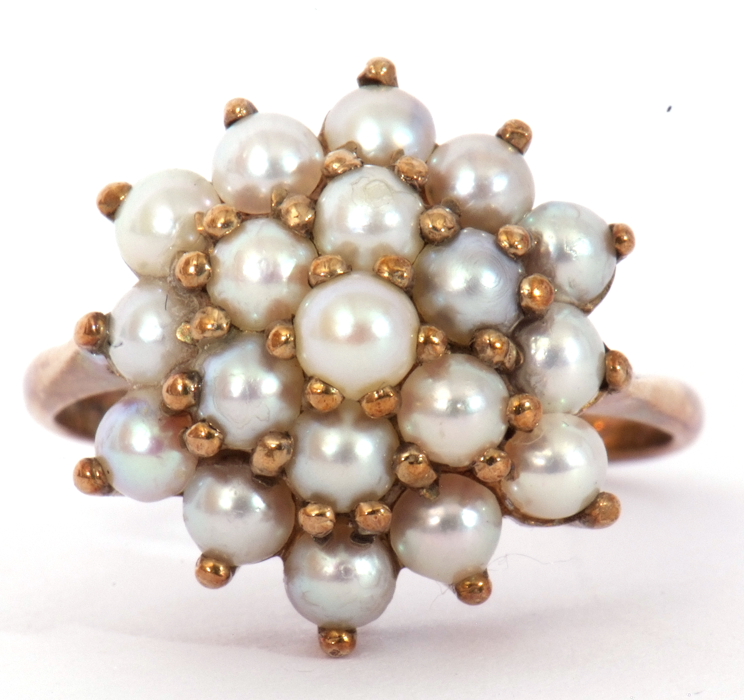 9ct gold and seed pearl cluster ring featuring three tiers of small seed pearls, each individually