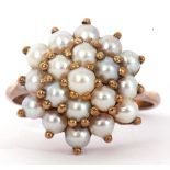 9ct gold and seed pearl cluster ring featuring three tiers of small seed pearls, each individually