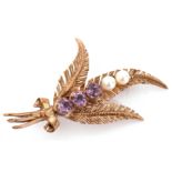 9ct gold amethyst and seed pearl spray brooch, featuring three round faceted amethysts and two small