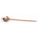 Antique pearl, turquoise and diamond stick pin, the finial with a crescent design set with five