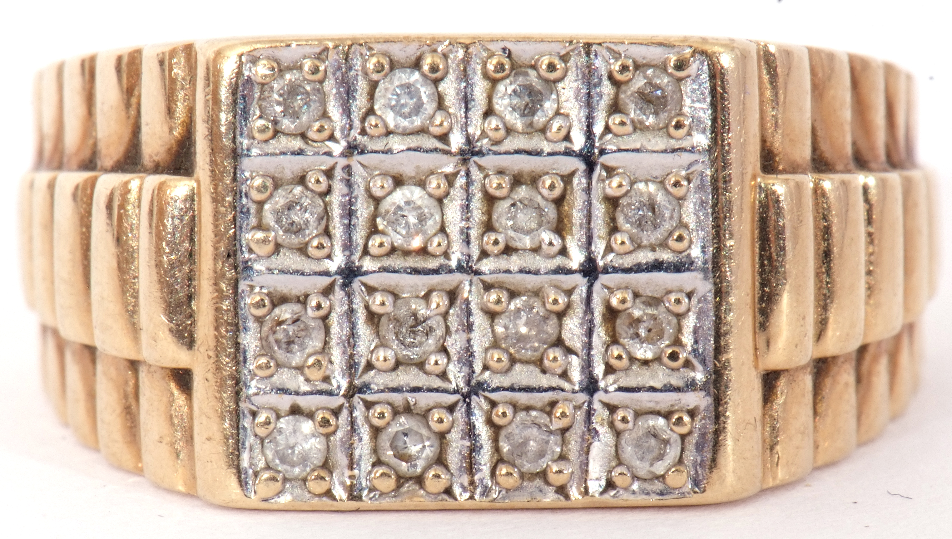Gents 9ct gold and diamond ring, the square panel set with 16 small diamonds, set between textured