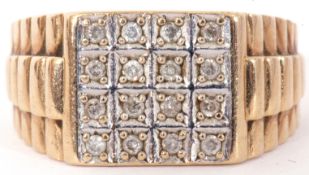 Gents 9ct gold and diamond ring, the square panel set with 16 small diamonds, set between textured