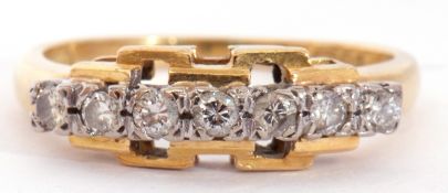 18ct gold seven stone diamond ring, line set with seven small round brilliant cut diamonds, each