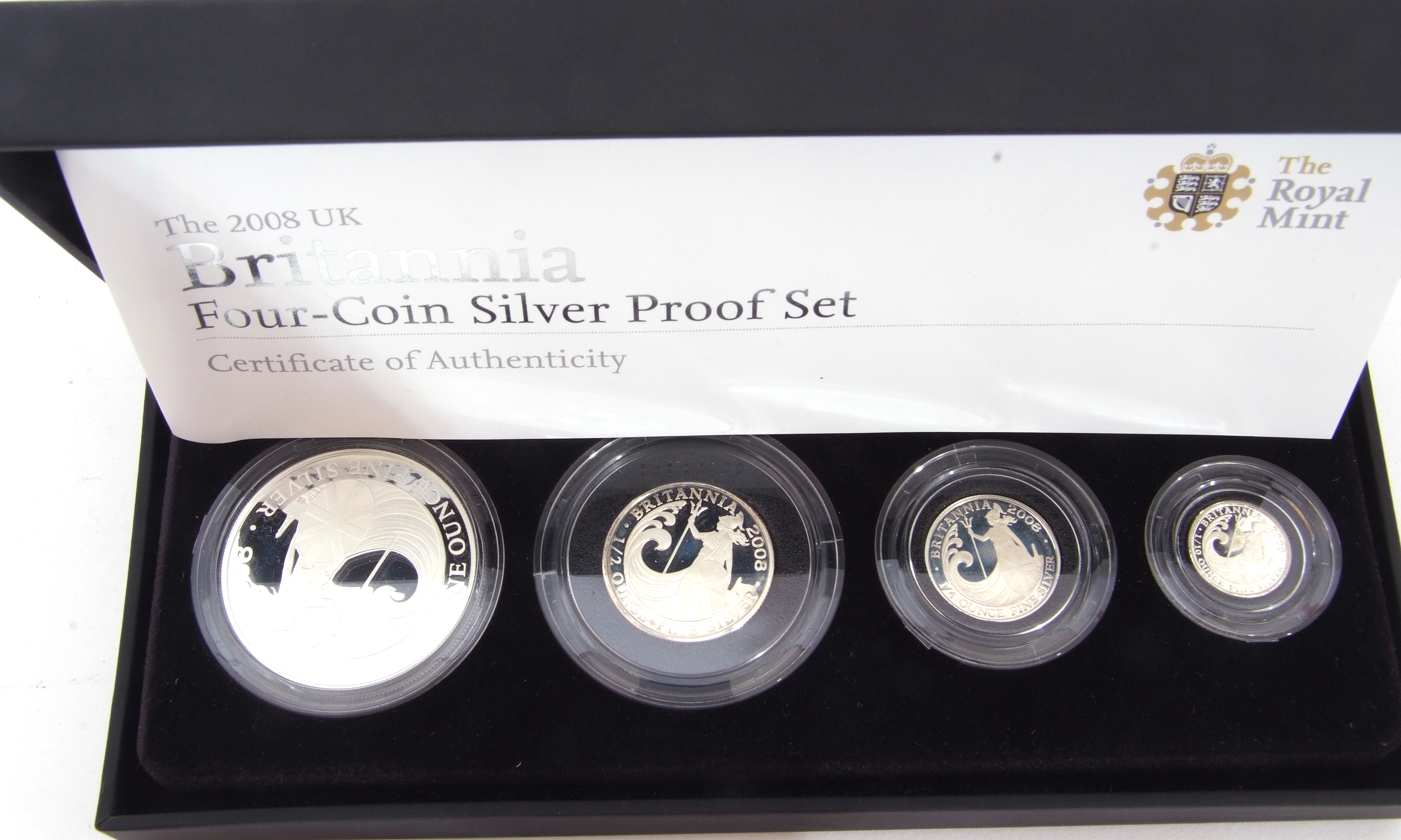 Elizabeth II four coin "Britannia" silver proof set 2008, comprising £2, £1, 50p and 20p, limited to