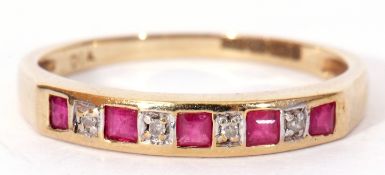 Modern 9ct gold diamond and ruby ring, alternate set with five calibre cut rubies and four small