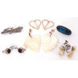 Mixed Lot: pair of mother of pearl carved leaf drop earrings, a butterfly wing brooch, a Victorian