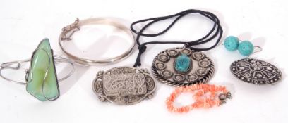 Mixed Lot: white metal shield shaped brooch, a large pendant with a scarab beetle centre, beads etc