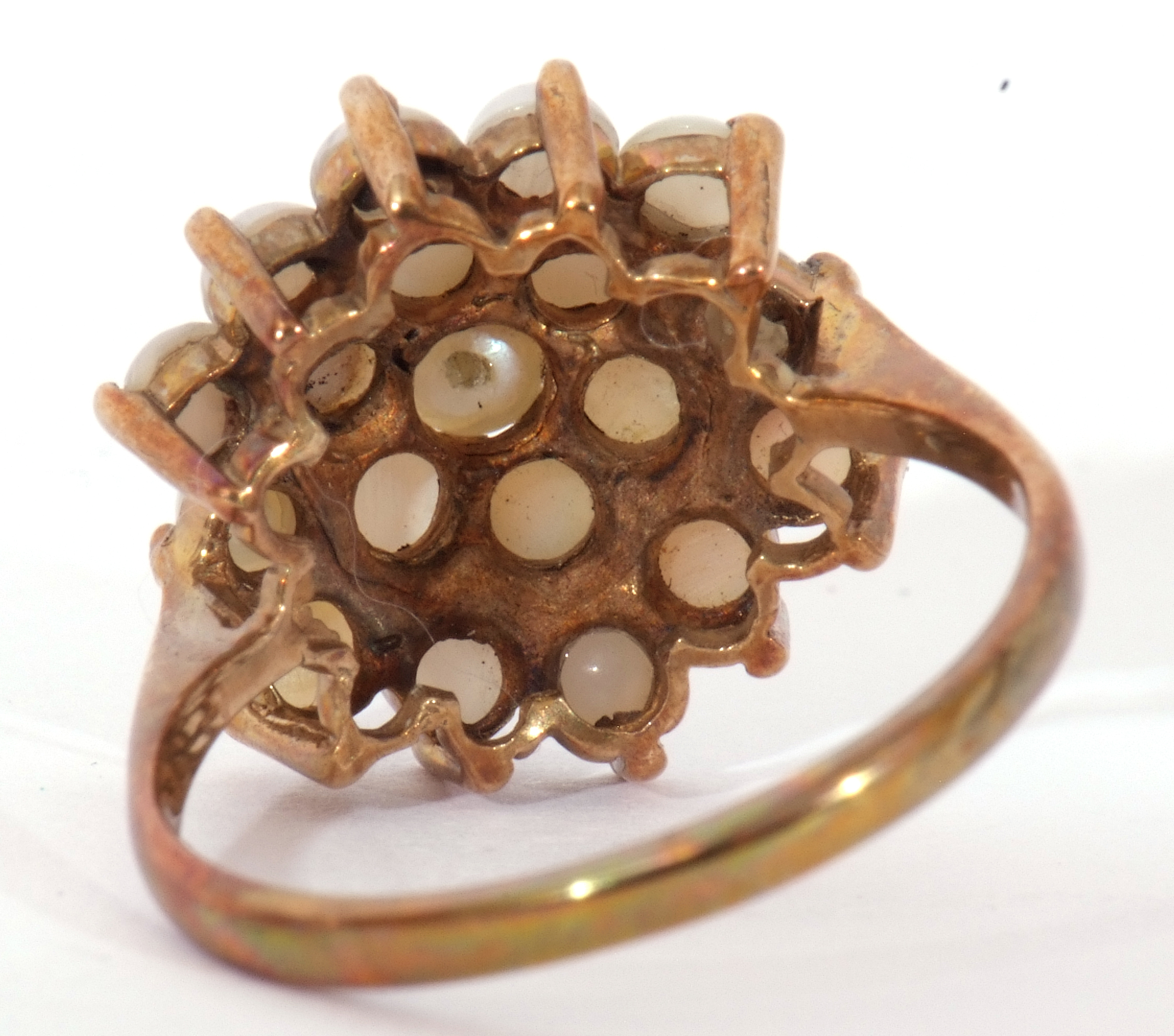 9ct gold and seed pearl cluster ring featuring three tiers of small seed pearls, each individually - Image 4 of 6