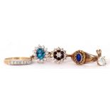 Mixed Lot: three 9ct gold and paste set rings together with a white metal lapis set ring and a paste