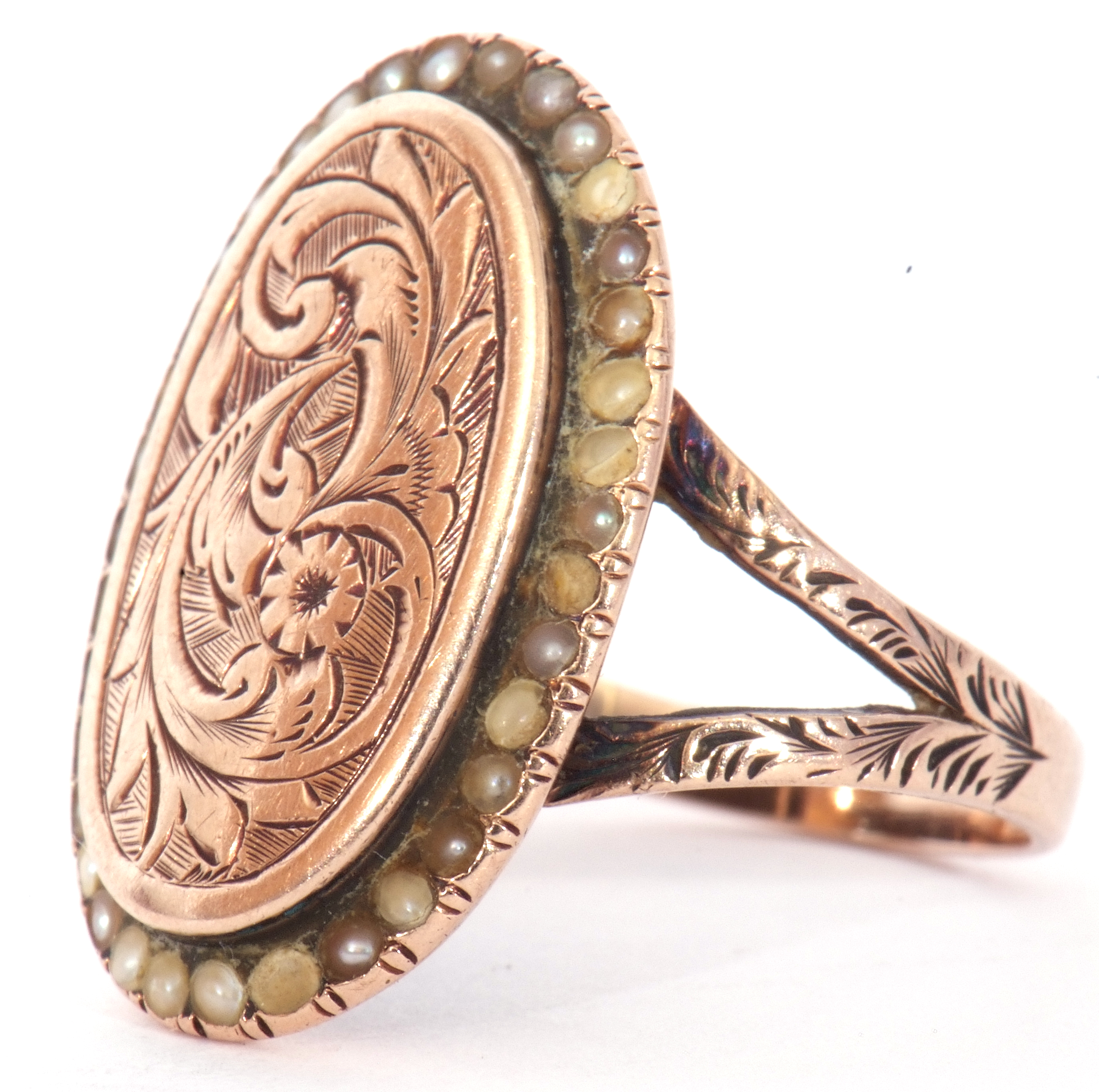 Antique yellow metal and pearl set ring, the oval panel engraved and chased with flowers and - Image 2 of 8