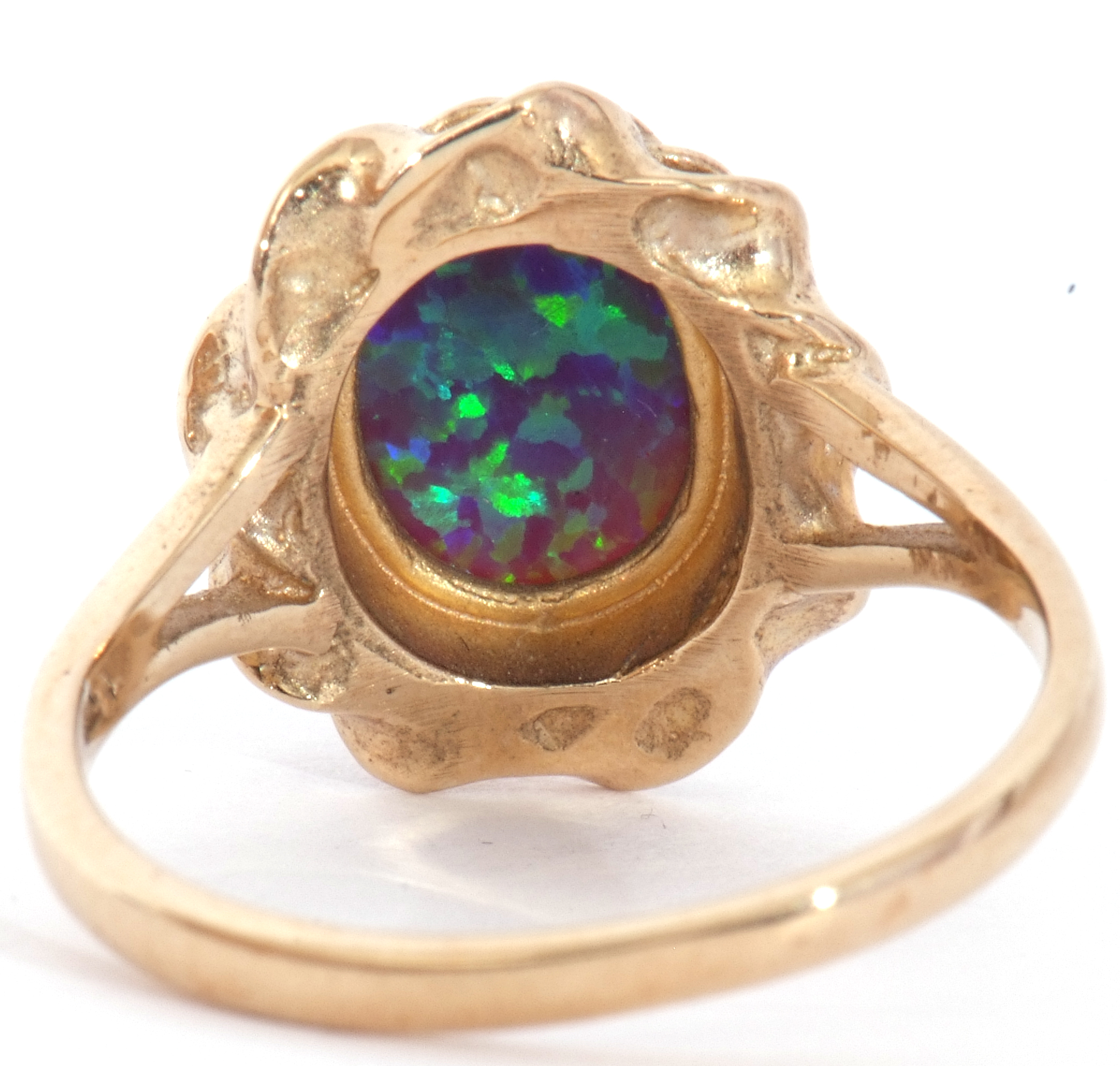 Modern 9ct gold and opalescent ring, the oval cabochon bezel set in a rope twist and pierced - Image 4 of 8