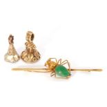 Mixed Lot: Chinese mid-grade yellow metal and jade set spider brooch, together with two antique
