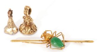 Mixed Lot: Chinese mid-grade yellow metal and jade set spider brooch, together with two antique