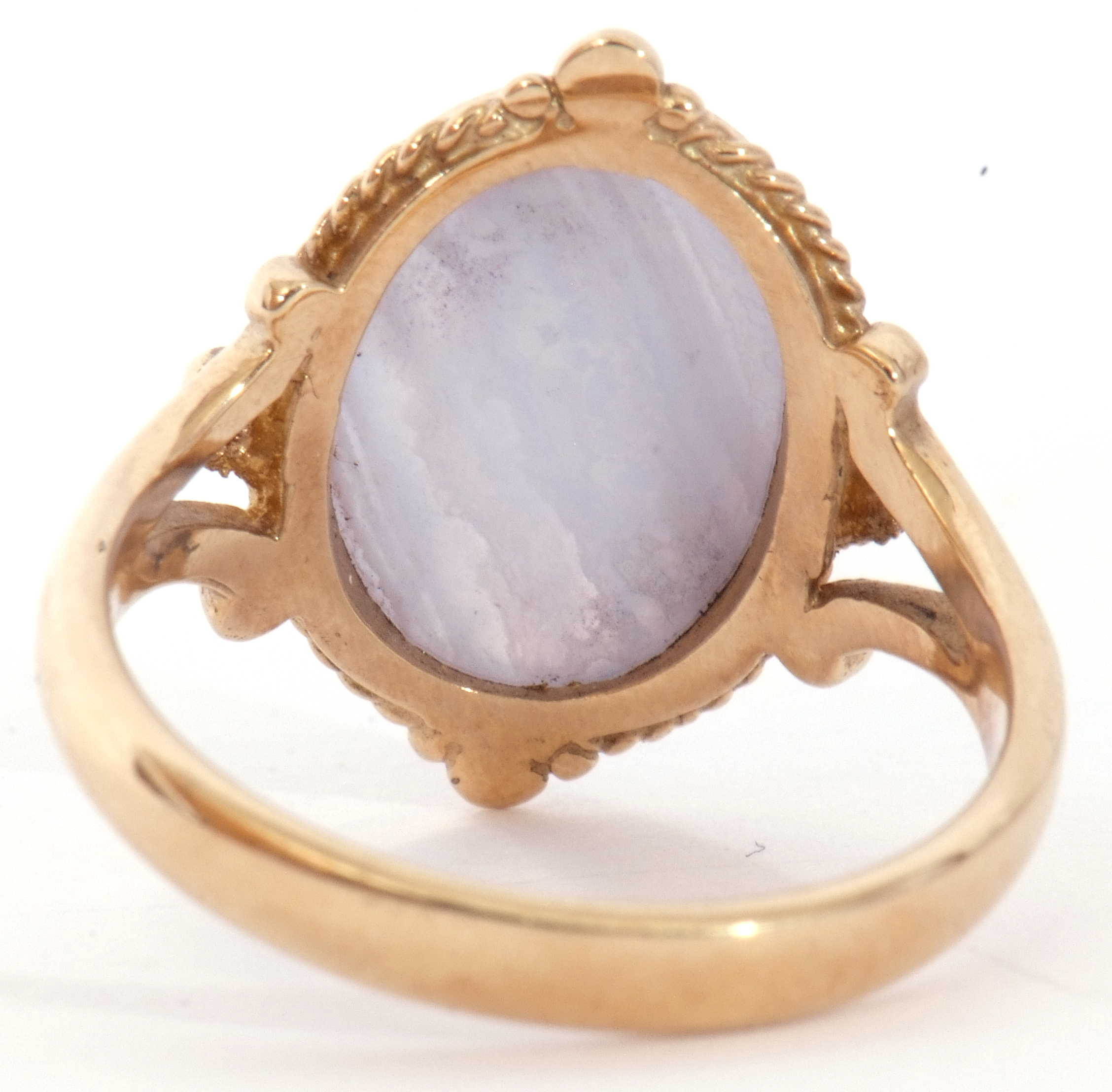 9ct gold and quartz ring, a cabochon centre pale quartz, bezel set and framed in a bead and split - Image 3 of 7