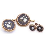 Cased Victorian petra dura jewellery to include cloak button, brooch and earrings, the black