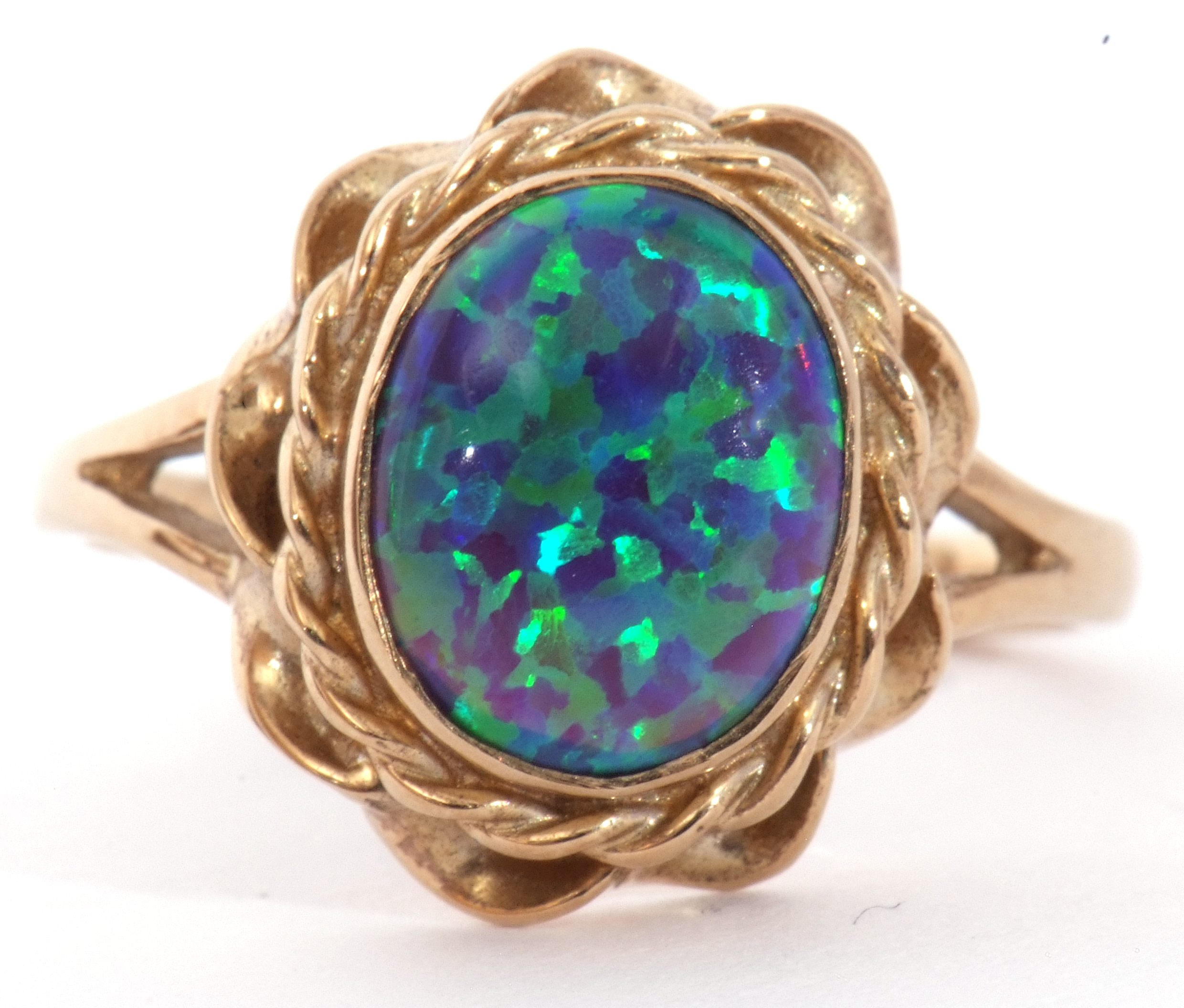 Modern 9ct gold and opalescent ring, the oval cabochon bezel set in a rope twist and pierced - Image 2 of 8