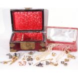 Mixed Lot: small Oriental jewellery box containing sundry costume jewellery (mainly earrings),