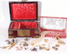 Mixed Lot: small Oriental jewellery box containing sundry costume jewellery (mainly earrings),