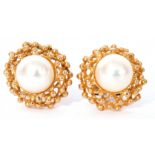 Pair of modern 9ct gold and pearl cluster earrings each featuring a cultured pearl, 5mm diam, raised