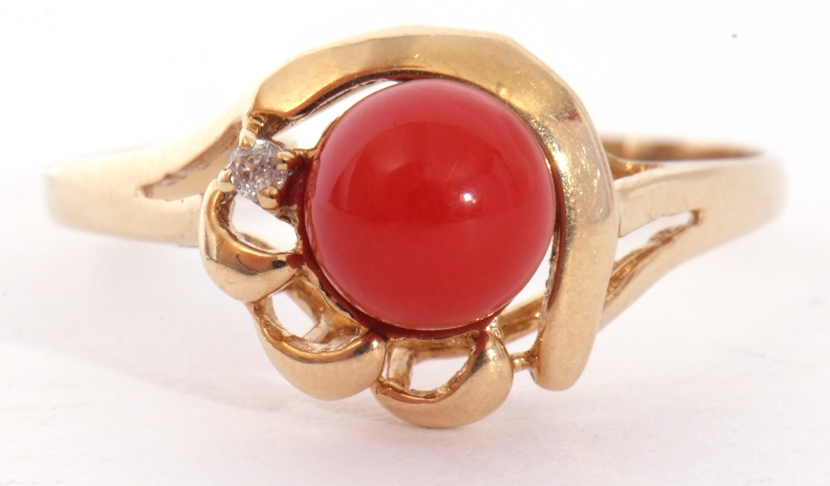 Vintage coral bead and small diamond set ring, the coral bead raised between pierced scroll and - Image 9 of 9
