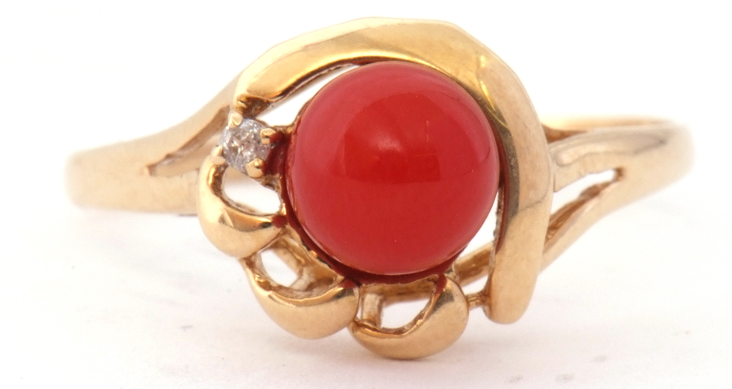 Vintage coral bead and small diamond set ring, the coral bead raised between pierced scroll and - Image 2 of 9