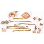 Mixed Lot: two 375 stamped trace chains, a 9ct gold and cultured pearl spray brooch, a pair of 14K