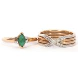Mixed Lot: a 585 stamped lozenge shaped emerald and three small diamond set ring (one diamond