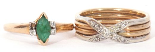 Mixed Lot: a 585 stamped lozenge shaped emerald and three small diamond set ring (one diamond