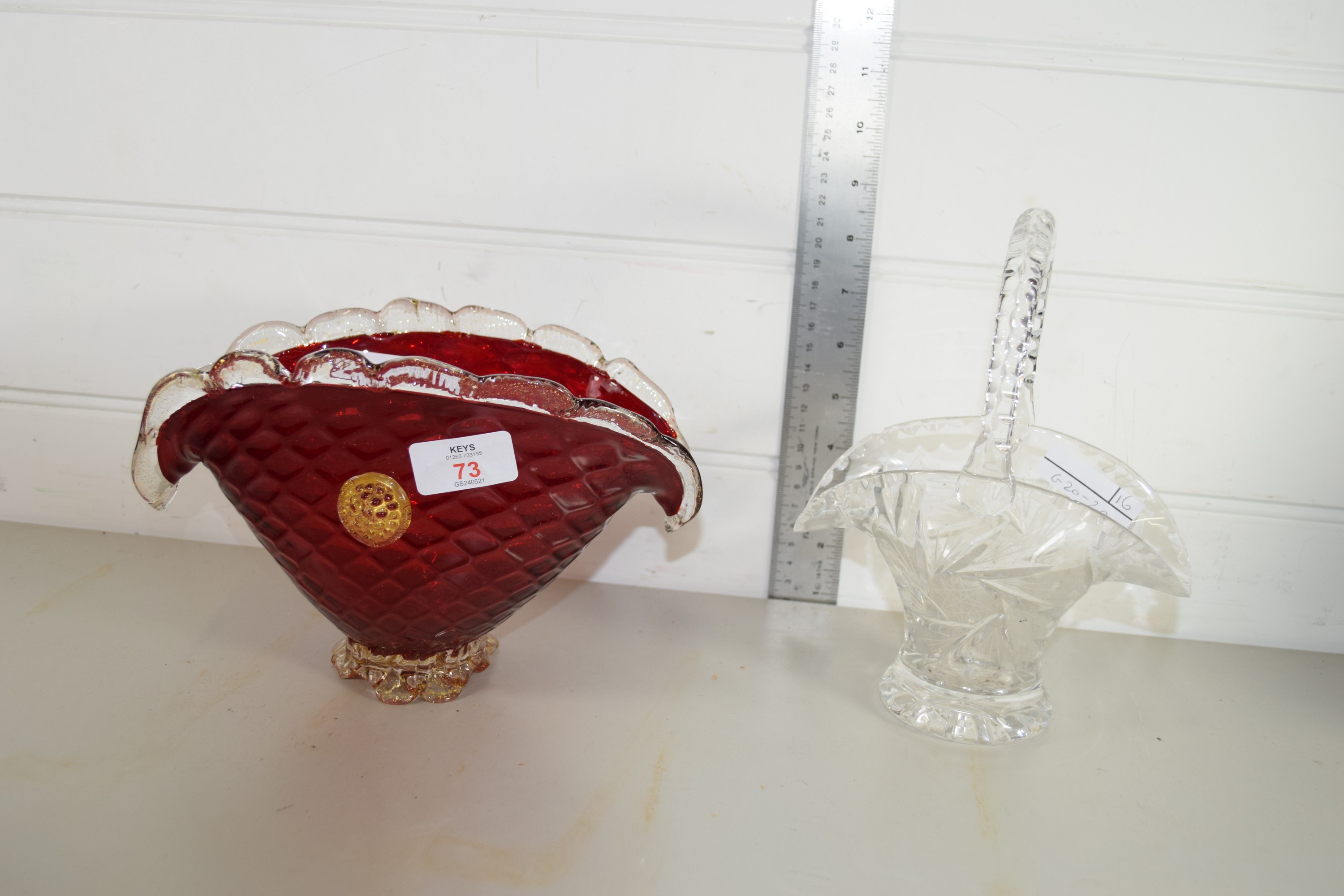 RUBY COLOURED GLASS BASKET AND ONE OTHER