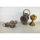 BOX CONTAINING BRASS OIL LAMP AND TWO VINTAGE MOTORING LAMPS