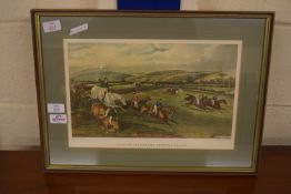 FRAMED REPRODUCTION PRINT AFTER F C TURNER "VALE OF AYLESBURY STEEPLECHASE", APPROX 24 X 39CM