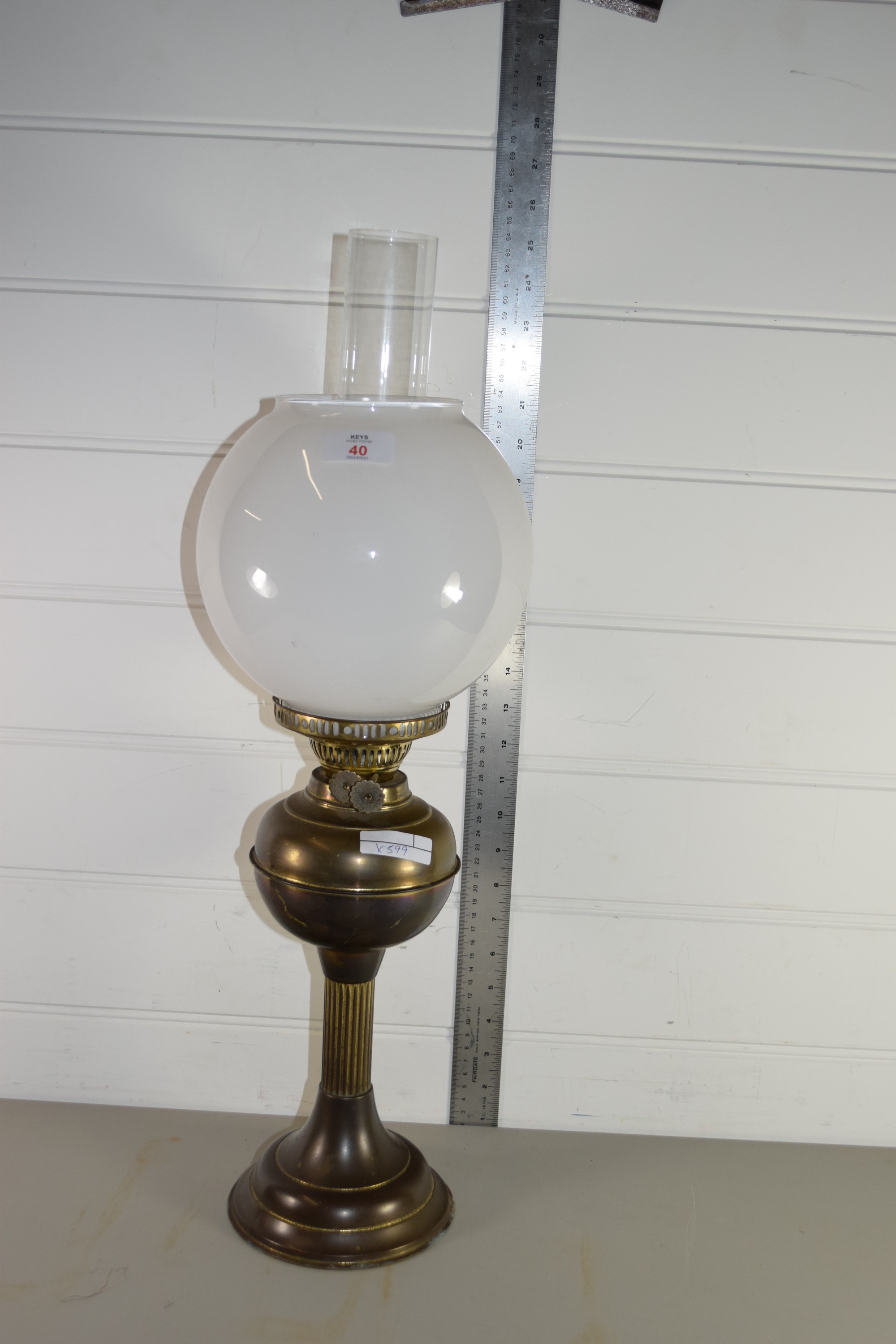 BRASS OIL LAMP WITH GLASS CHIMNEY AND WHITE SHADE