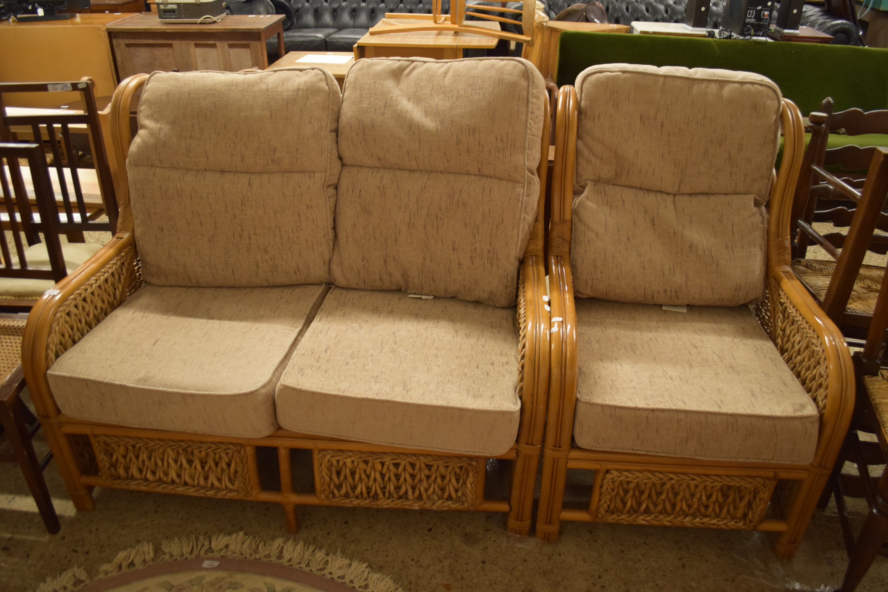 TWO-PIECE CANE CONSERVATORY SUITE COMPRISING TWO-SEATER SOFA AND CHAIR, THE SOFA APPROX 120CM