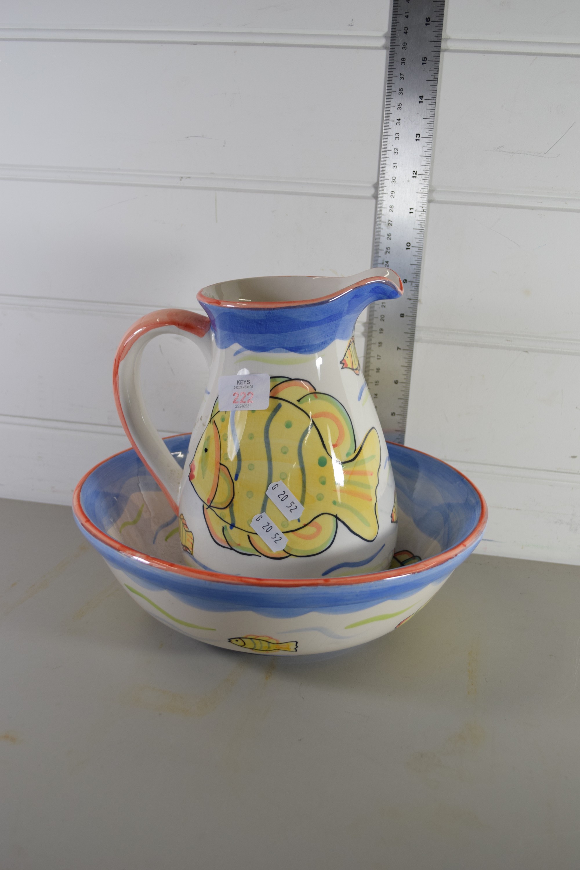 POTTERY JUG AND BOWL WITH FISH DECORATION