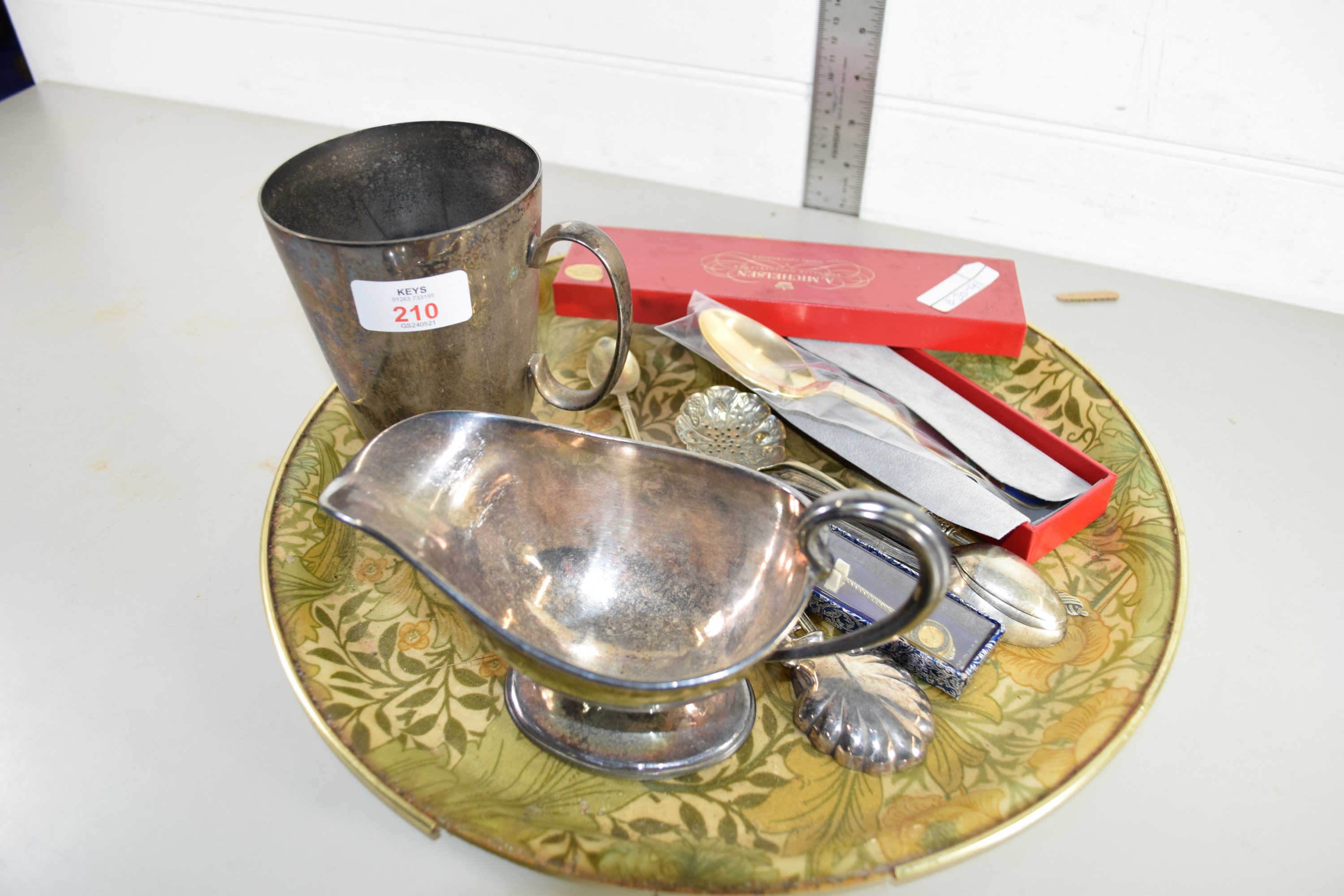 METAL TRAY WITH NUMBER OF PLATED WARES, FLATWARES AND SAUCE BOAT