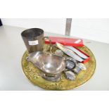 METAL TRAY WITH NUMBER OF PLATED WARES, FLATWARES AND SAUCE BOAT