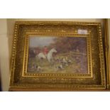 GILT FRAMED OLEOGRAPH OF A HUNTING SCENE, FRAME SIZE APPROX 37 X 28CM