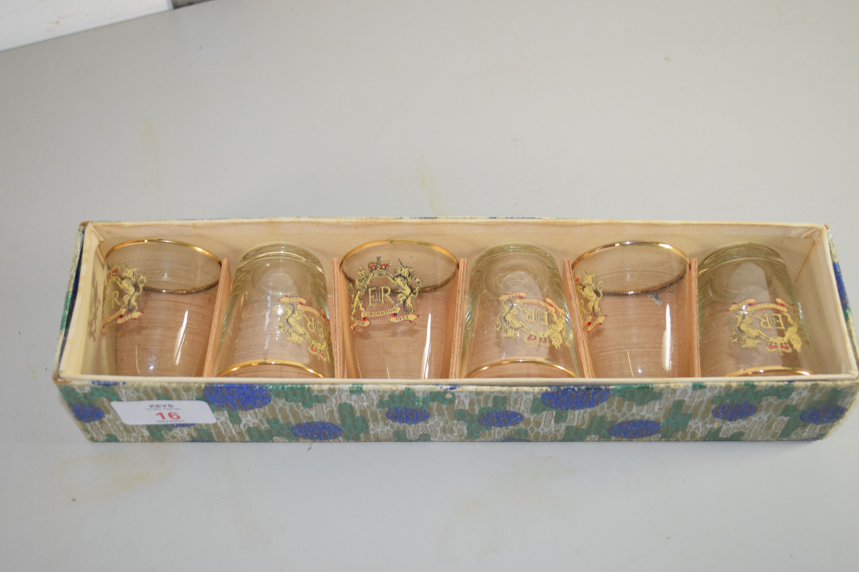 BOX CONTAINING SIX SMALL GLASSES ALL DECORATED WITH CORONATION COMMEMORATIVE INSIGNIA FOR CORONATION