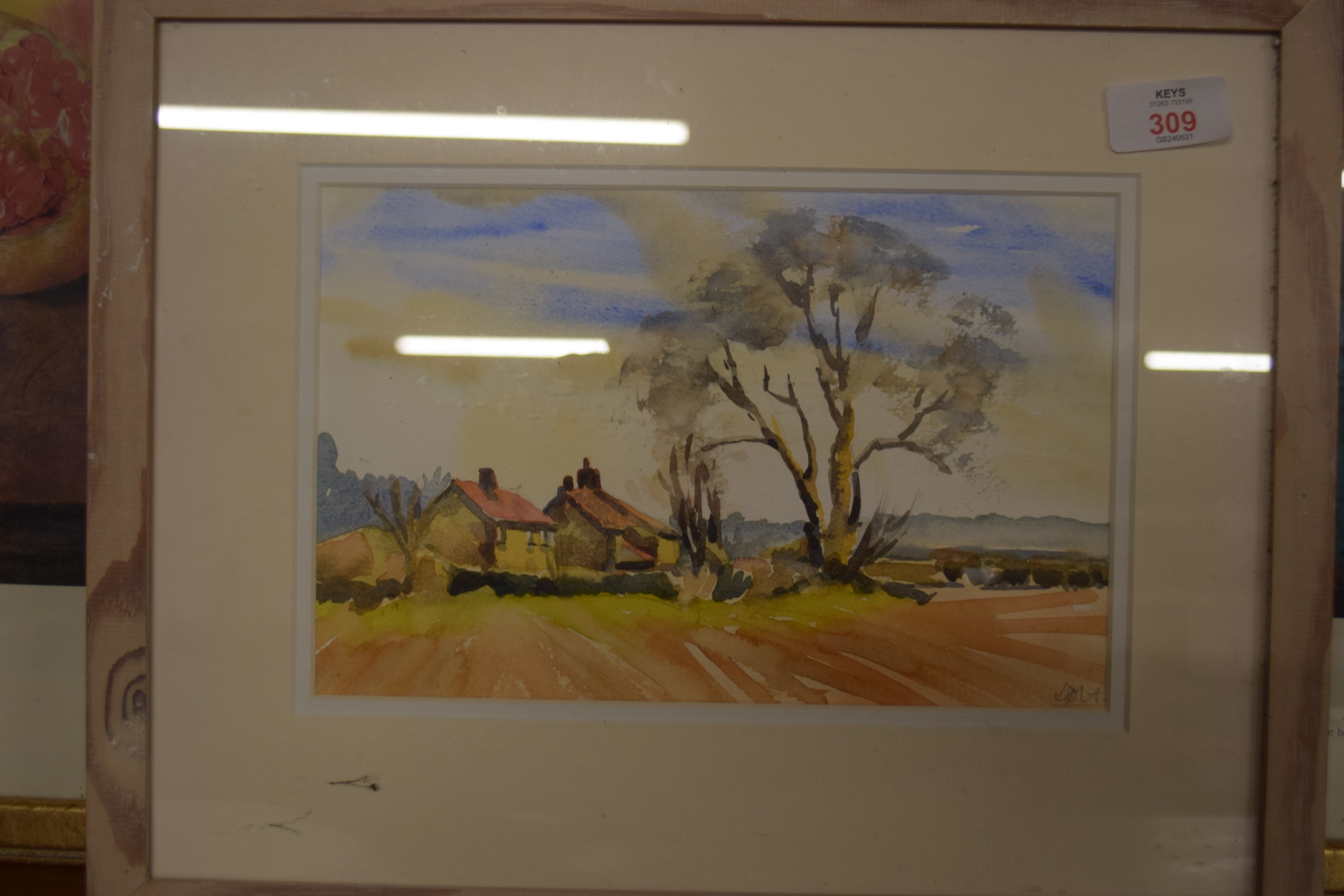 SMALL FRAMED WATERCOLOUR BY JANE DAVIDSON HOUSTON, NORFOLK COUNTRY SCENE, APPROX 16 X 25CM