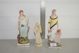 TWO LATE 18TH CENTURY PEARLWARE FIGURES (BOTH A/F) AND A FURTHER SMALL FIGURE OF A PRIEST AND CHILD