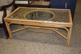 GLASS TOPPED CANE CONSERVATORY TABLE, APPROX 106CM X 55CM