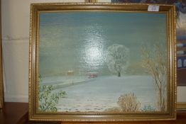 OIL ON BOARD "A WINTER'S DAY" BY BEN SIMPSON, 34 X 44CM