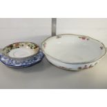 LARGE POTTERY BOWL AND PAINTED BLUE AND WHITE CONTINENTAL PLATES